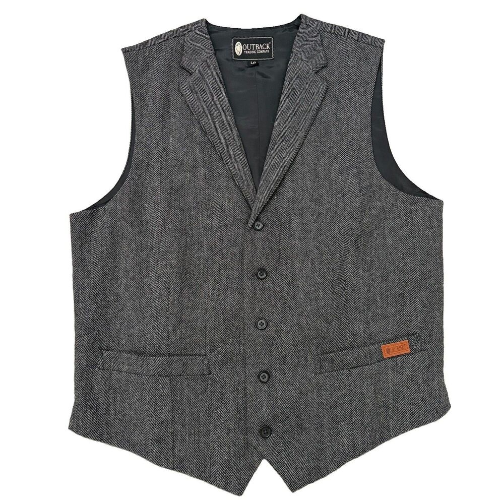 Outback Trading Company Mens Jessie Vest In Charcoal Herringbone Size L